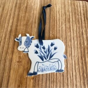 Russ Berrie Vintage Porcelain “Deft-Style” Blue and White Cow Ornament